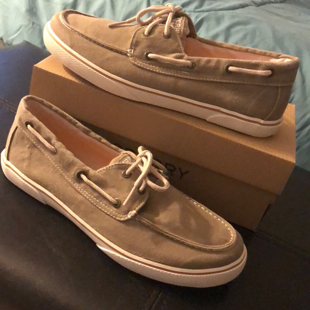 Khaki colored Sperry’s; Brand New with Box!